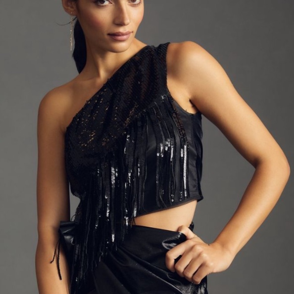 Eva Franco Sequin One Shoulder Top Black Sz Large Anthropologie NWT